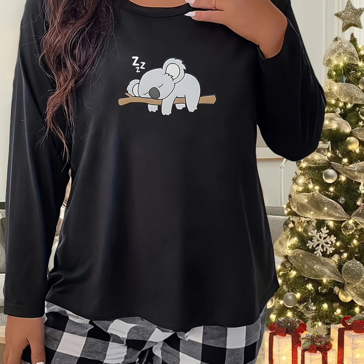  Cartoon Koala Long Sleeve Crew Neck Home Wear Tee