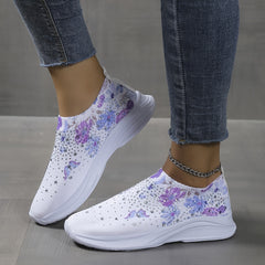 Women's Rhinestone Knit Sneakers Butterfly Pattern Slip On Shoes