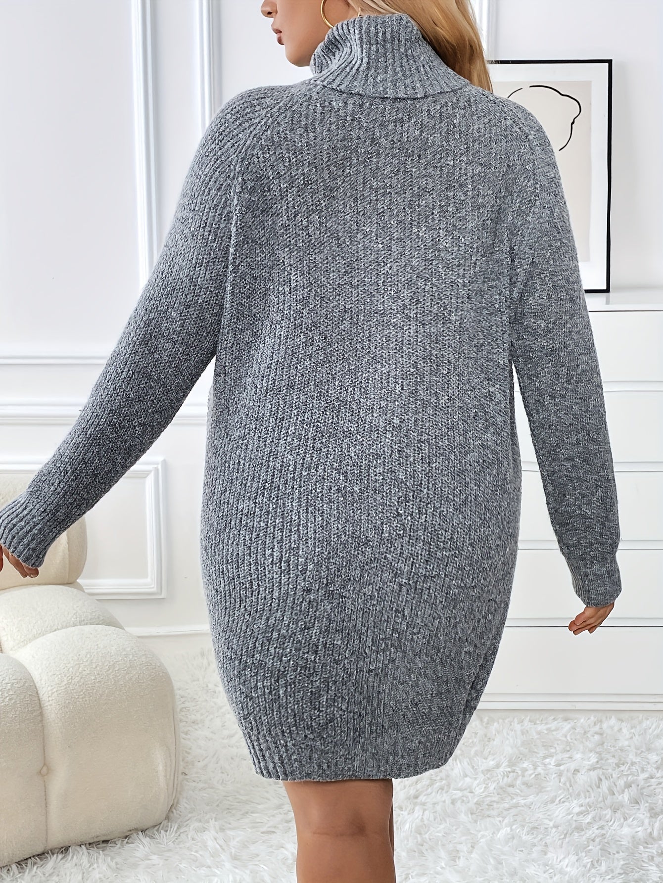 Solid Long Sleeve Turtle Neck Sweater Dress