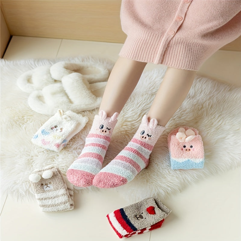 5 Pairs Animal Pattern Plush Socks Soft Mid Tube Women's Stockings