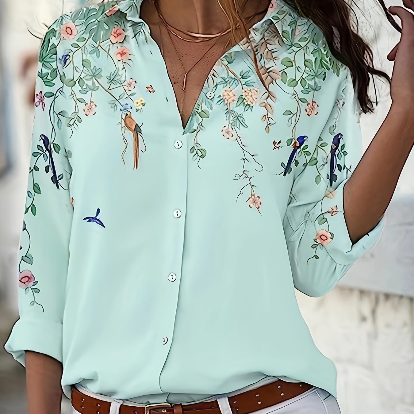  Floral Bird Print Long Sleeve Blouse