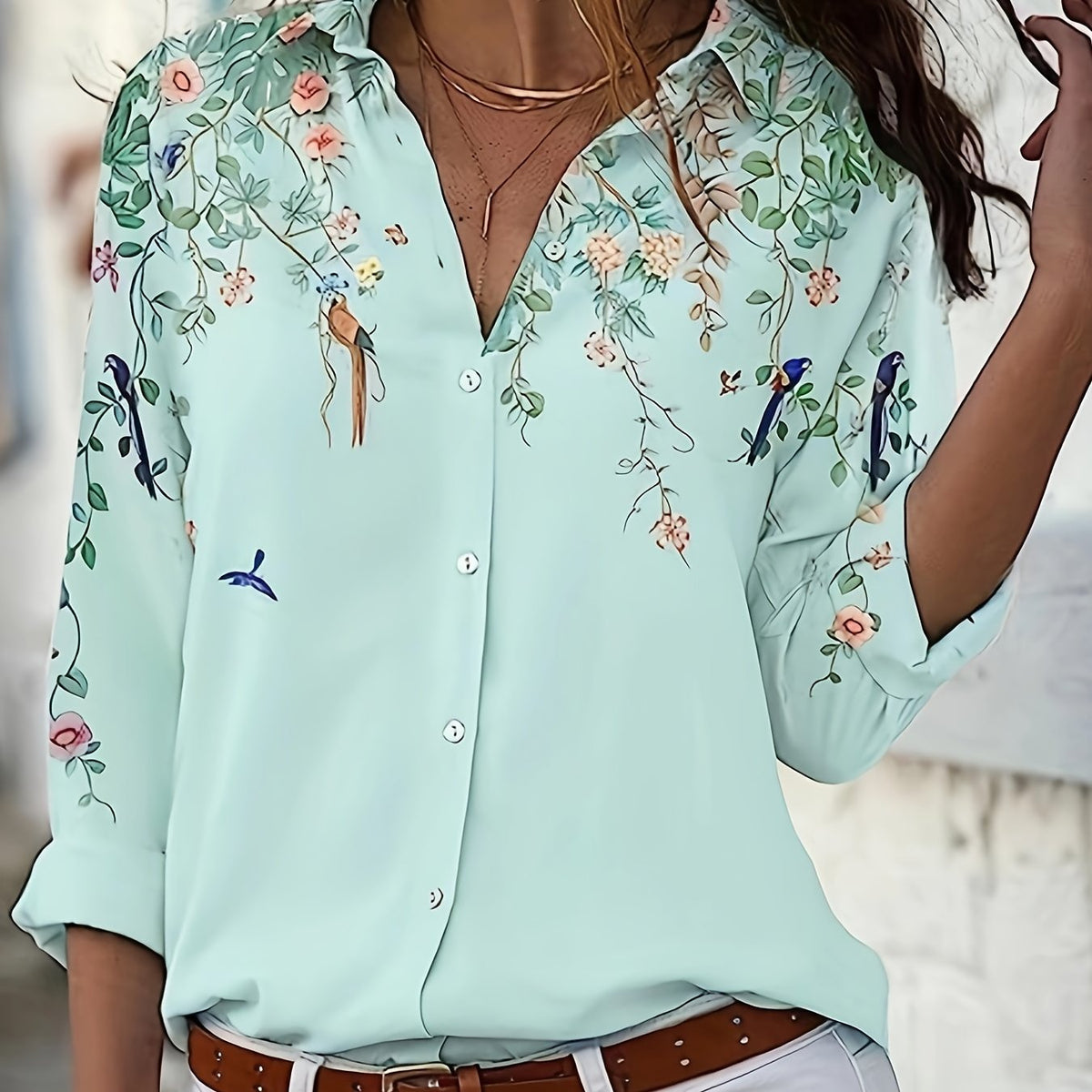 Floral Bird Print Long Sleeve Blouse