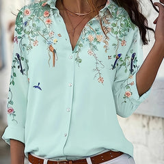  Floral Bird Print Long Sleeve Blouse