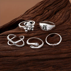 8pcs Punk Style Stacking Rings Teddy Bear Heart Mix Match Daily Outfits Party