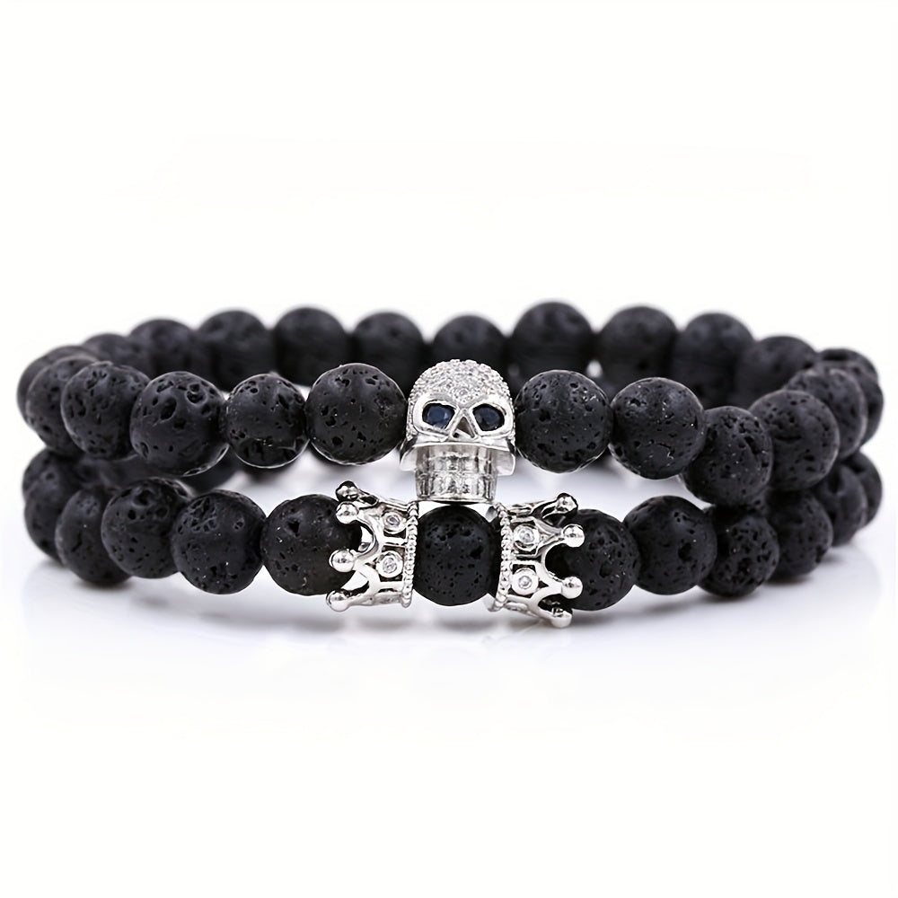 Volcanic Stone Micro Inlaid Skull Small Crown Men's Bracelet