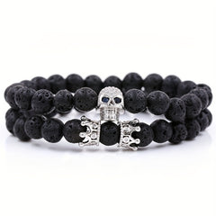 Volcanic Stone Micro Inlaid Skull Small Crown Men's Bracelet