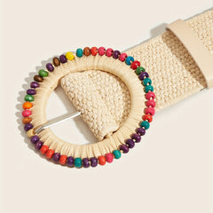 Boho Style Beaded Elastic Belt Colorful Wooden Beads Handwoven Round Buckle