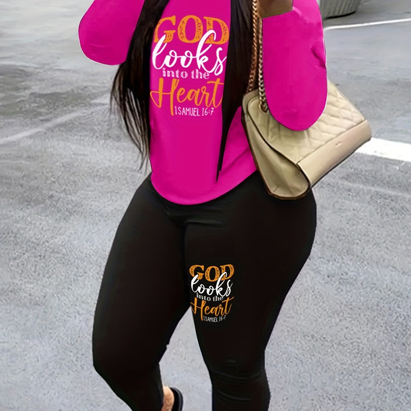 Women's Plus Slogan Print Top & Leggings Set