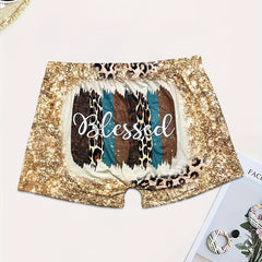  Sexy Shorts Women's Plus Colorblock Leopard & Art Letter & Sequin Prin