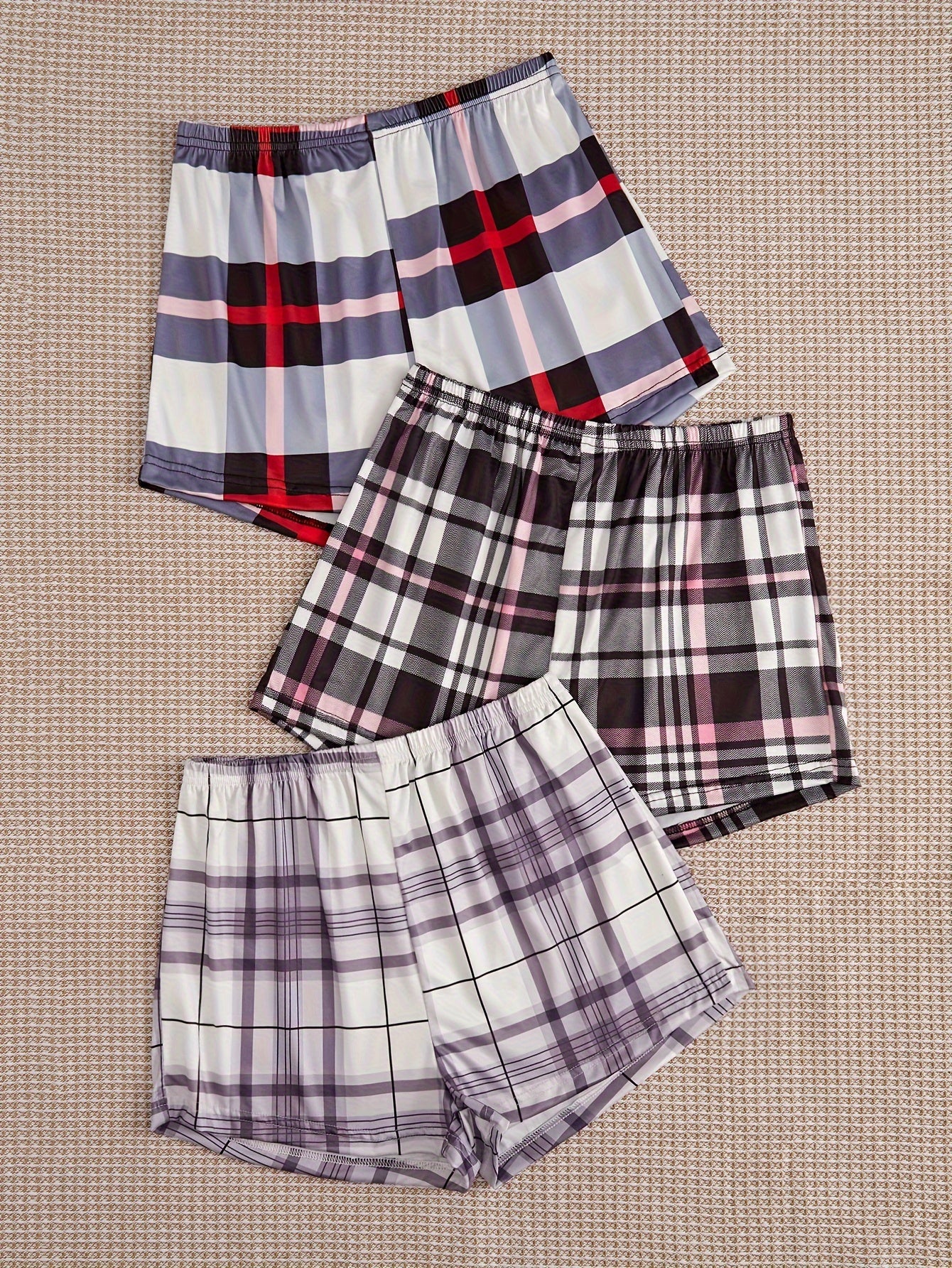3pcs Plaid Sleep Bottoms Elastic Waistband Shorts Women's Sleepwear