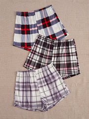 3pcs Plaid Sleep Bottoms Elastic Waistband Shorts Women's Sleepwear