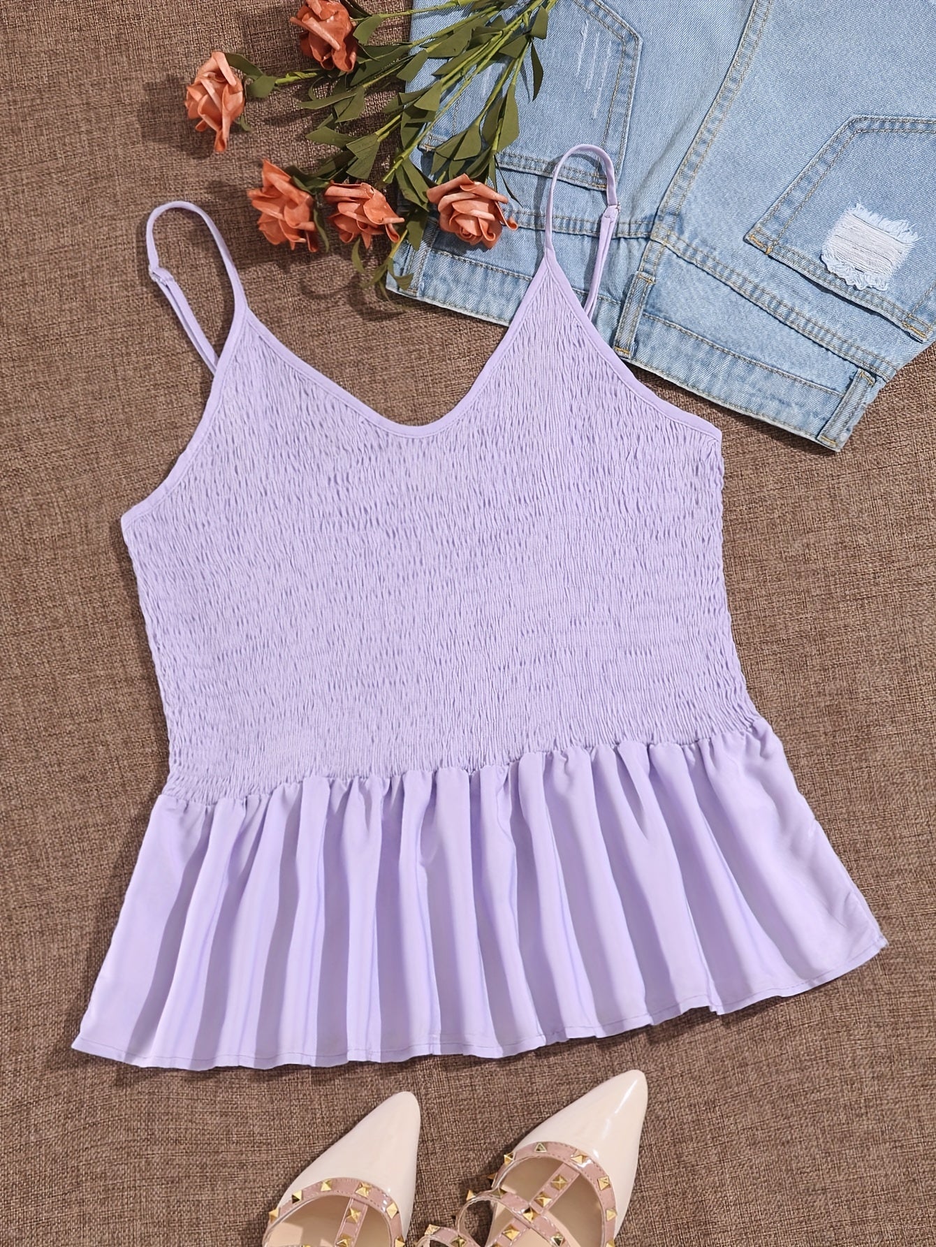  Solid Shirred V Neck Ruffle Trim Cami Top