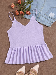  Solid Shirred V Neck Ruffle Trim Cami Top
