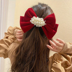 Bow & Faux Pearl Hair Clip Velvet Barrette Headwear