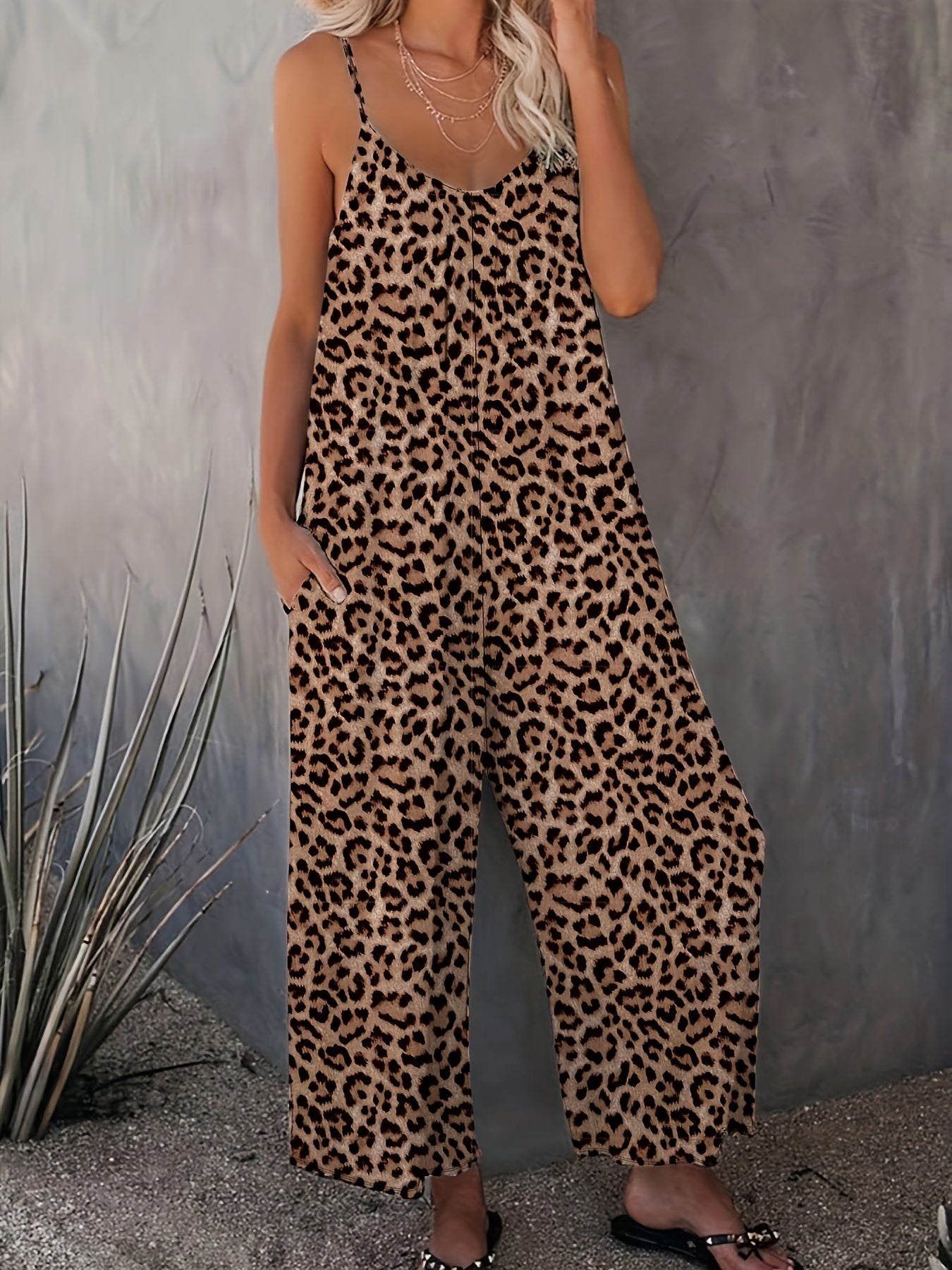  Leopard Print Cami Jumpsuit with Pockets