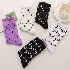 Moon Print Socks Women's Mid Tube Stockings
