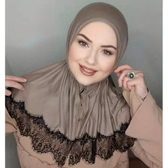 Lace Hijab Snap Button Head Scarf Women Solid Turban Elastic Ramadan