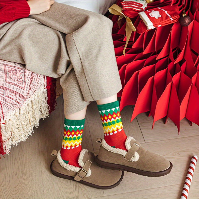5 Pairs Christmas Print Socks Women's Mid Tube Stockings