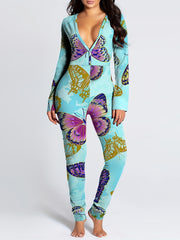  Butterfly Print V Neck Long Sleeve Jumpsuit