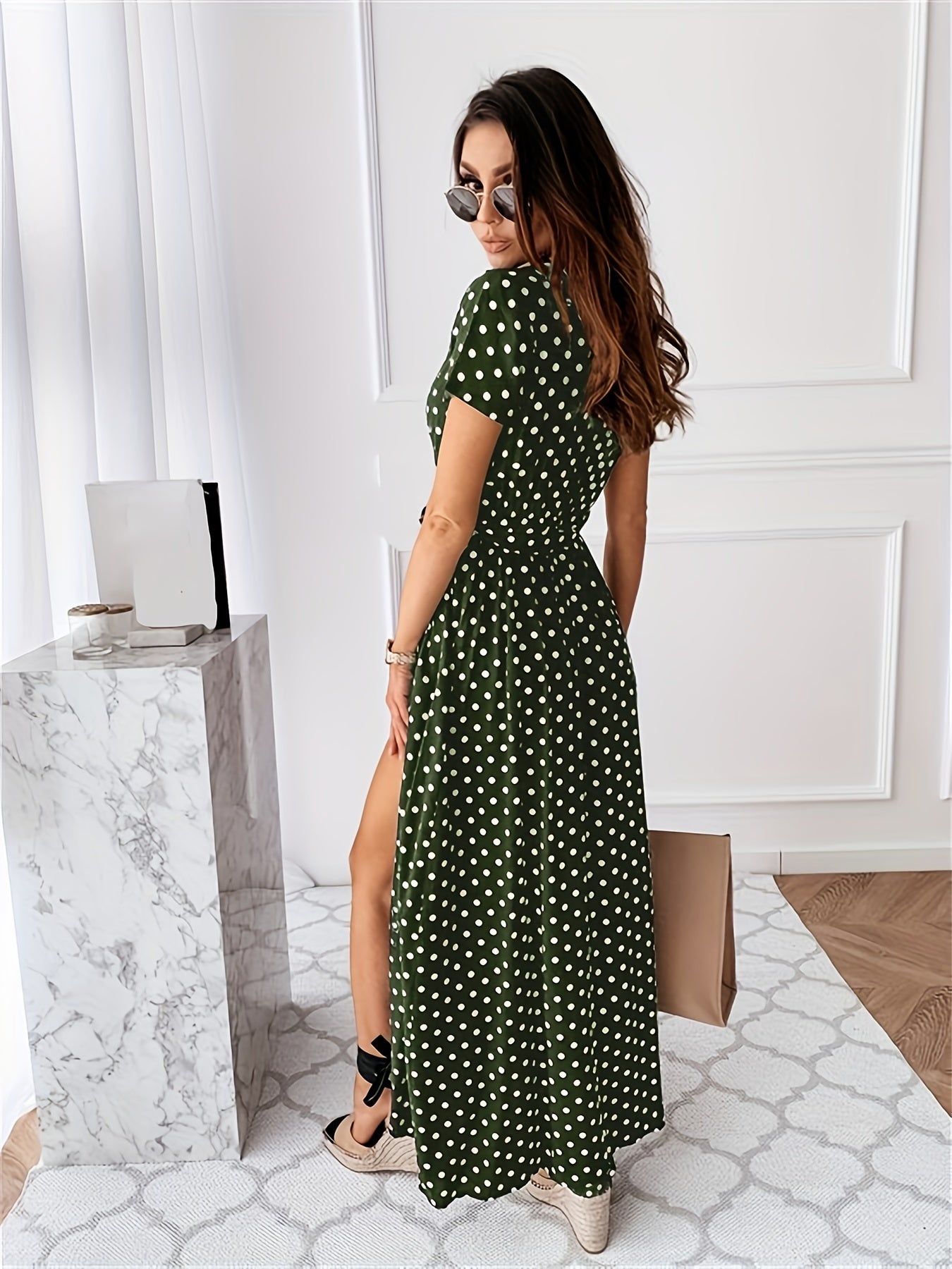 Polka Dot Split Ankle Dress V Neck Short Sleeve Casual Dress