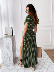 Polka Dot Split Ankle Dress V Neck Short Sleeve Casual Dress