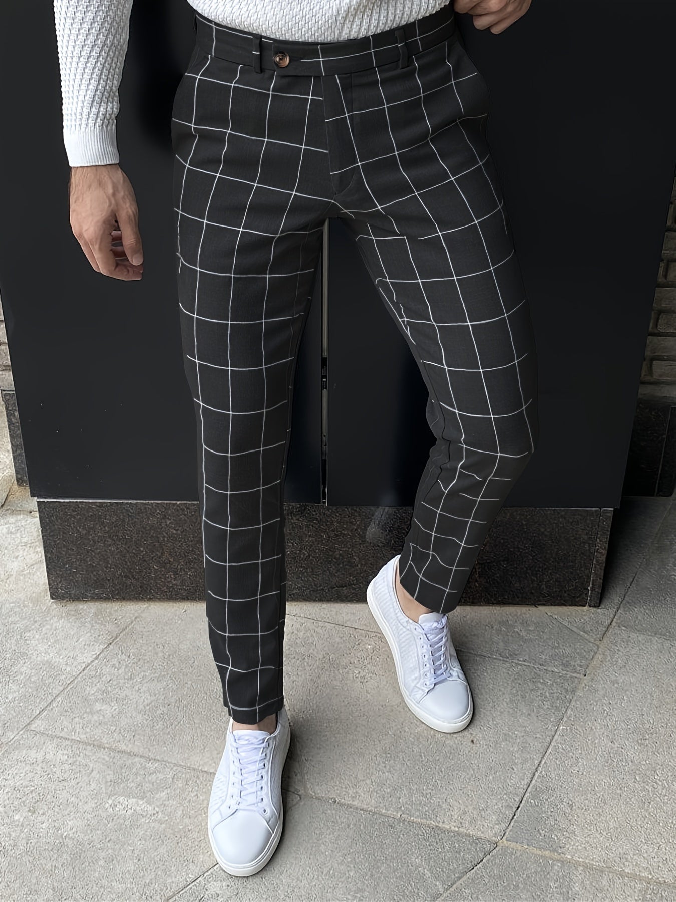 Slim Fit Plaid Slacks Men's Casual Vintage Style Slightly Stretch Dress Pants