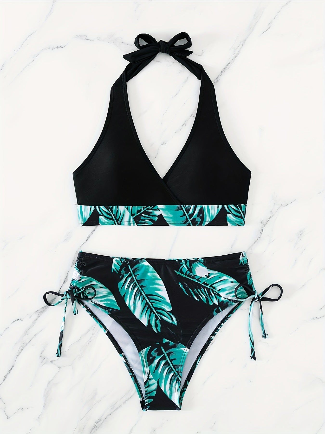 Leaf Print Backless Bikini Set High Waist Two Piece Swimsuit