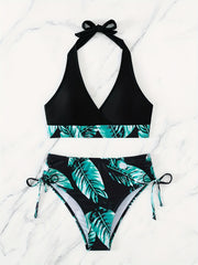 Leaf Print Backless Bikini Set High Waist Two Piece Swimsuit