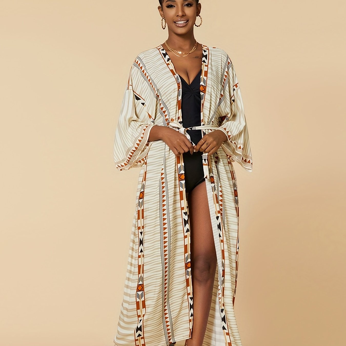  Boho Cover Up Women's Plus Tribal Print Long Sleeve Cover Up