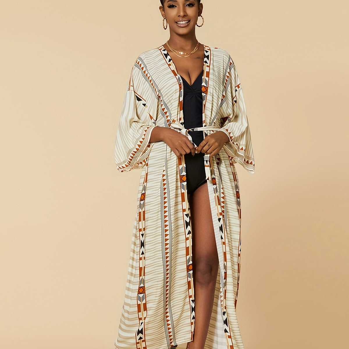  Boho Cover Up Women's Plus Tribal Print Long Sleeve Cover Up