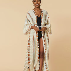 Boho Cover Up Women's Plus Tribal Print Long Sleeve Cover Up