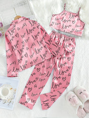 Girl's 3pcs Heart Print Pajama Set Long Sleeve Top Camisole Pants