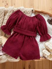 Toddler Off Shoulder Long Sleeve Romper with Wide Leg Pants
