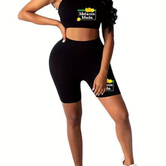  Lemon & Letter Print Cami Crop Top & Shorts 2 Piece Set