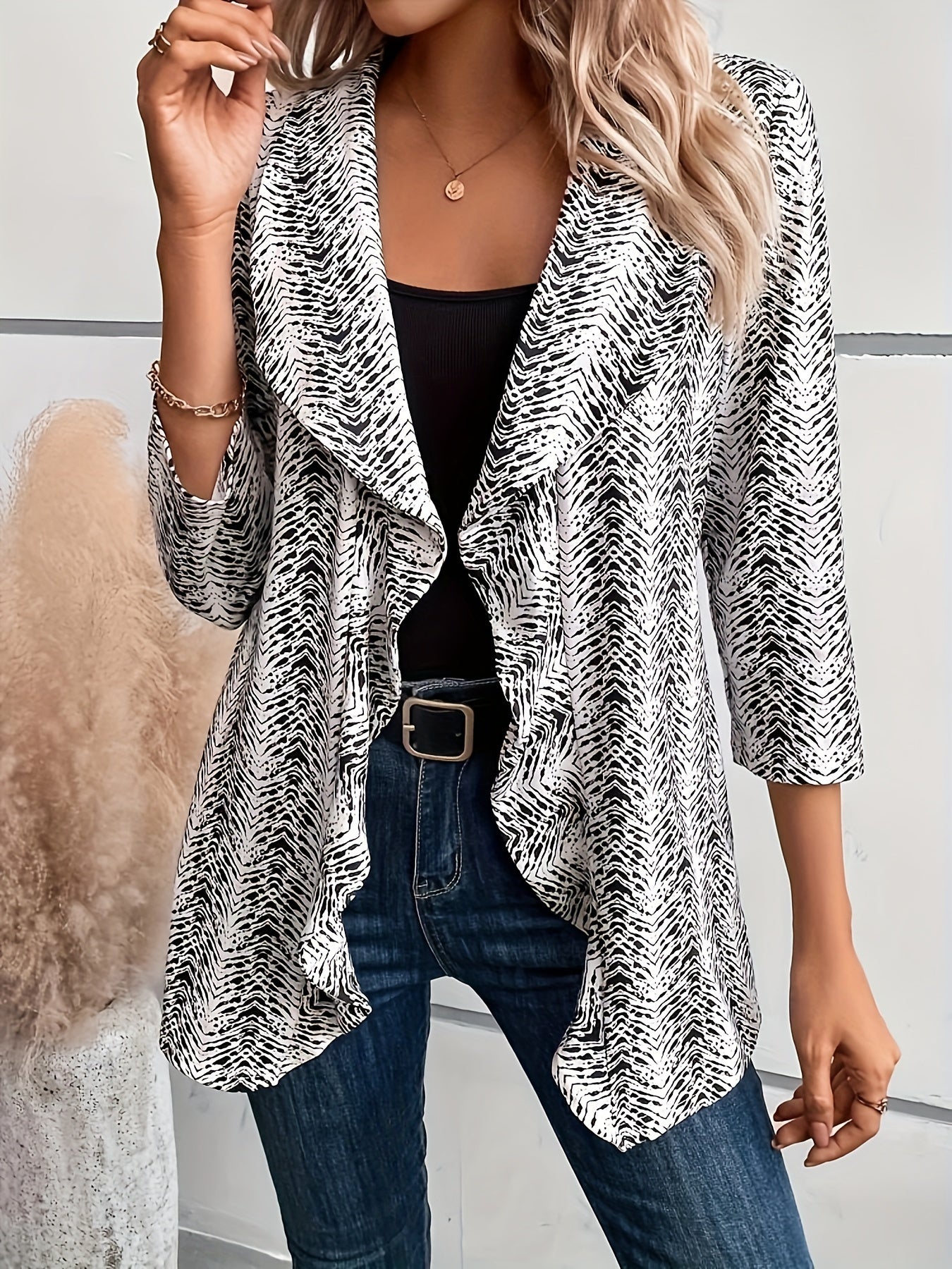  Chevron Print Open Front Cardigan