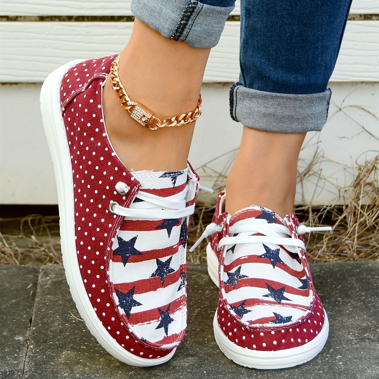 Polka Dot Canvas Shoes Star Pattern Low Top Lace Up Casual Shoes