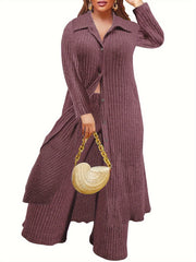  Ribbed Button Up Long Sleeve Polo Neck Blouse & Pants Set