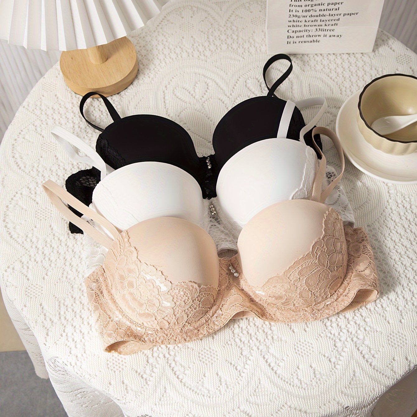3pcs Lace Push Up Bras Comfy & Breathable Women's Lingerie