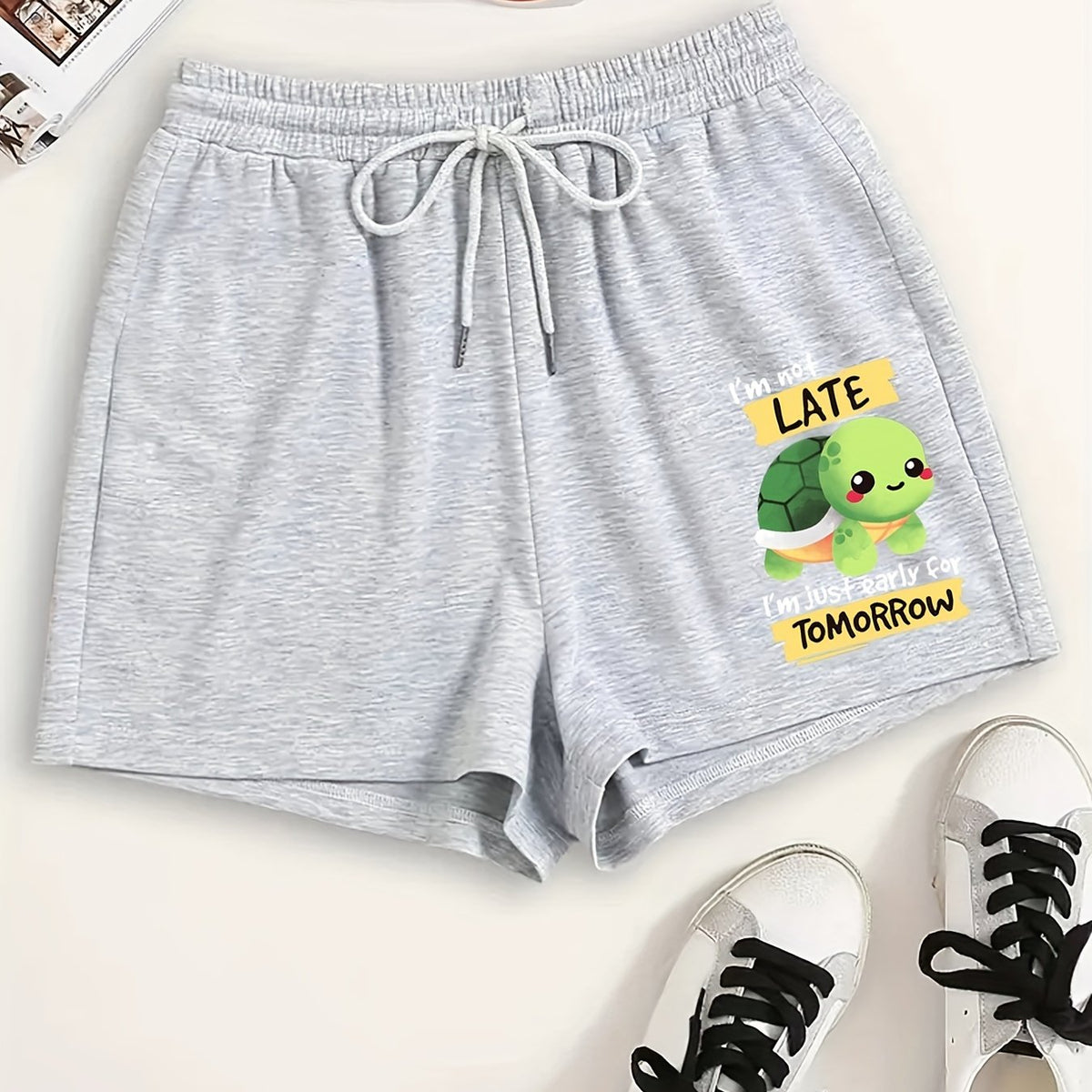  Turtle & Slogan Print Pajama Shorts