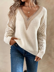  Casual Knit Top Women's Plus Solid Pointelle Applique V Neck