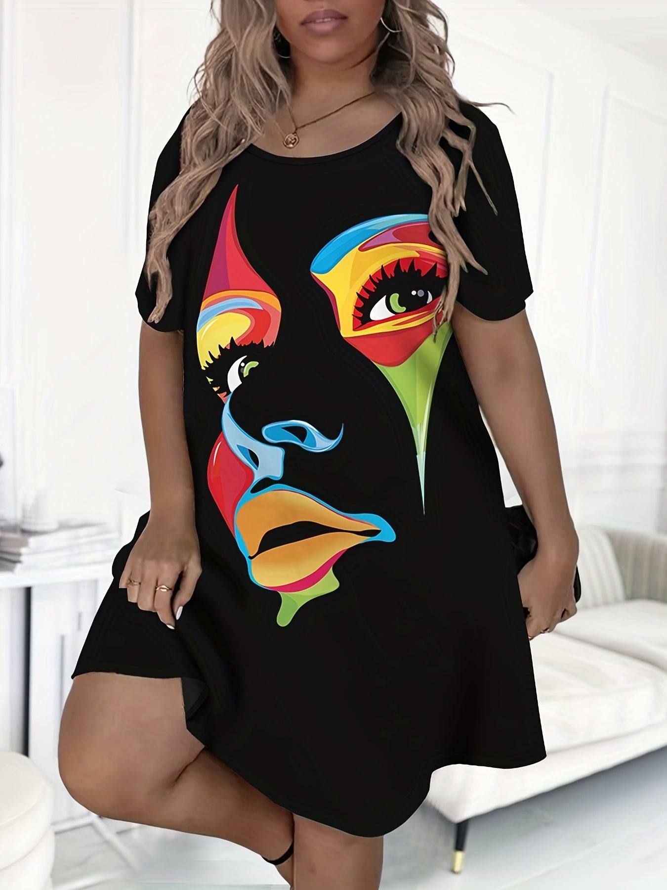  Casual Dress Women's Plus Cartoon Figure Print Short Sleeve Tee Dress