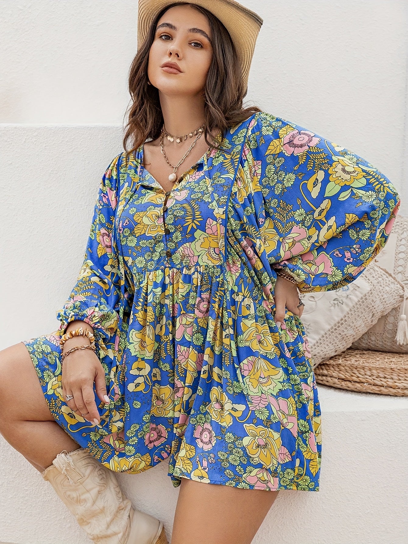  Floral Print Button Up Lantern Sleeve Romper