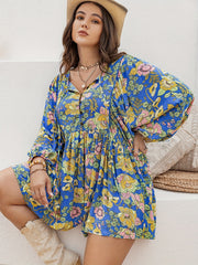  Floral Print Button Up Lantern Sleeve Romper