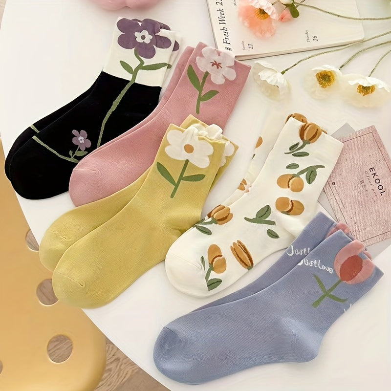 5 Pairs Floral Print Women's Mid Tube Socks