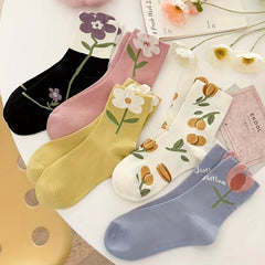 5 Pairs Floral Print Women's Mid Tube Socks