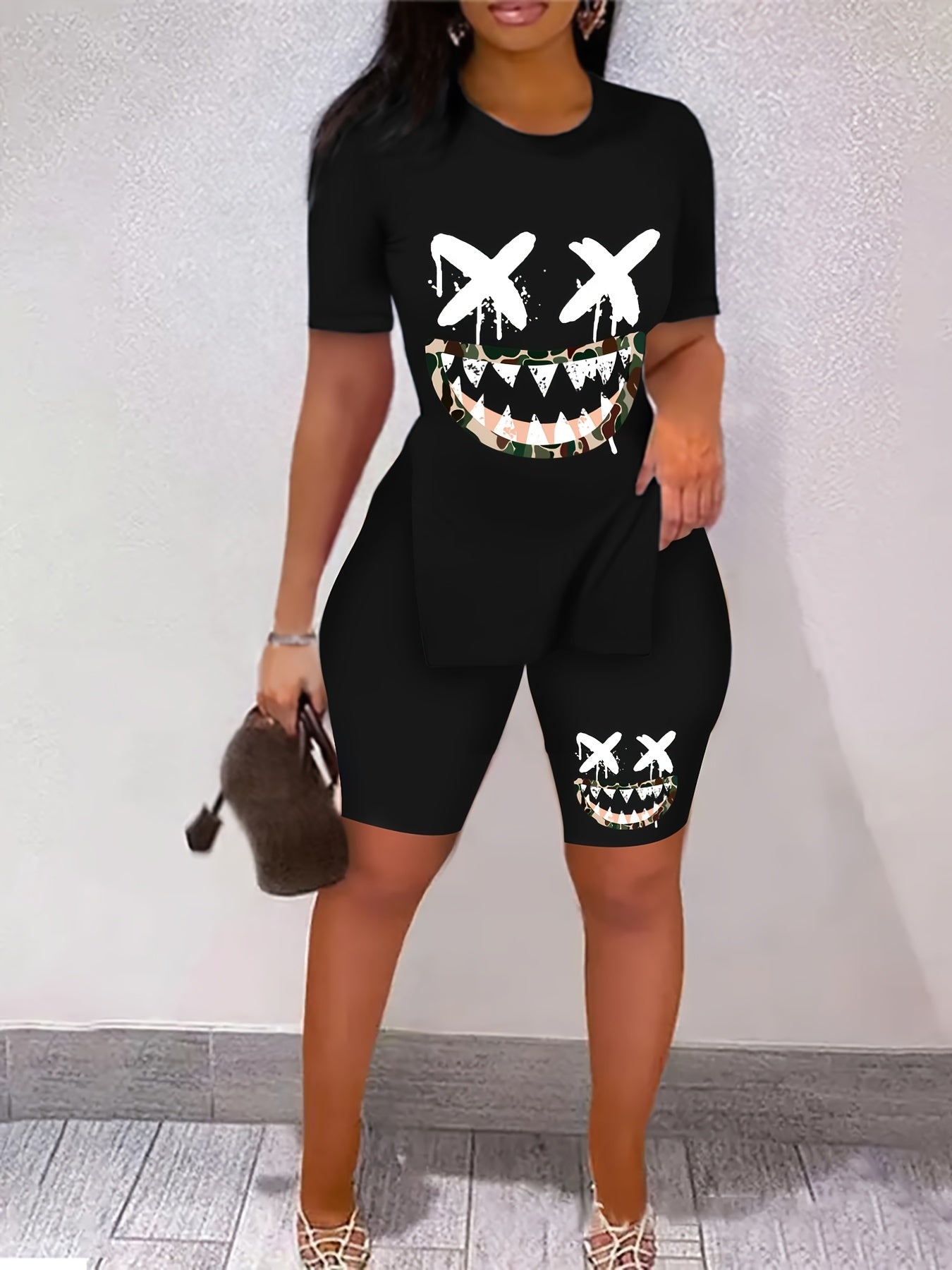 Cartoon Print Two Piece Set Short Sleeve Crew Neck Casual T Shirt & Shorts