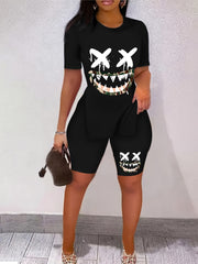 Cartoon Print Two Piece Set Short Sleeve Crew Neck Casual T Shirt & Shorts