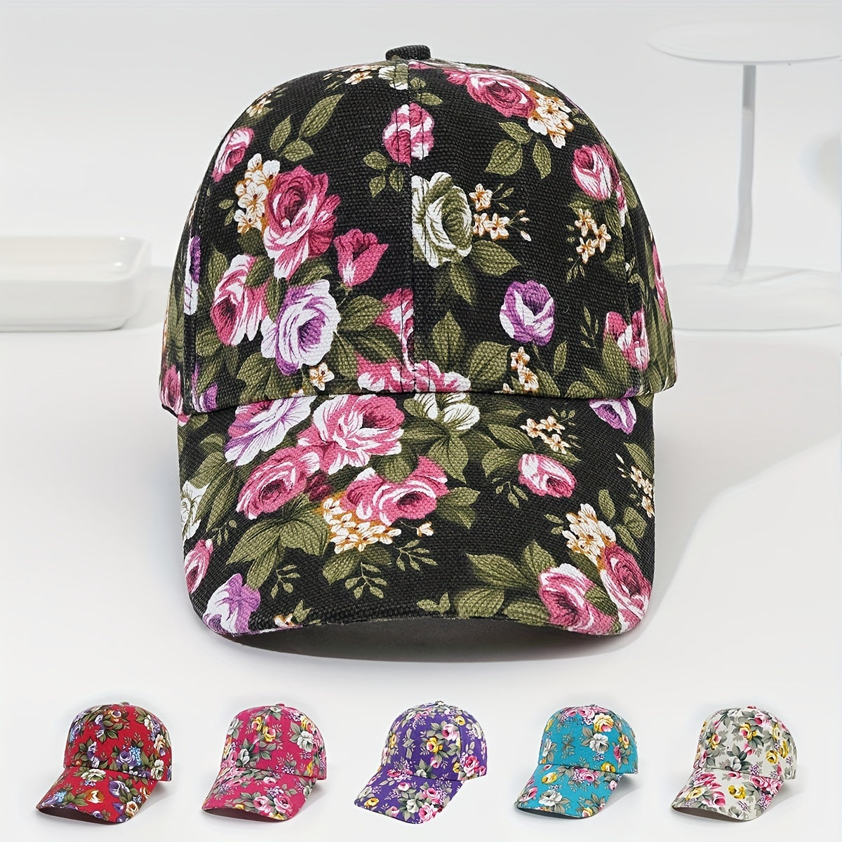 Unisex Large Brim Casual Baseball Cap with Flower Embroidery for Outdoor Sport