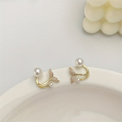 Pearl Fishtail Earrings With Rhinestone Drop Studs