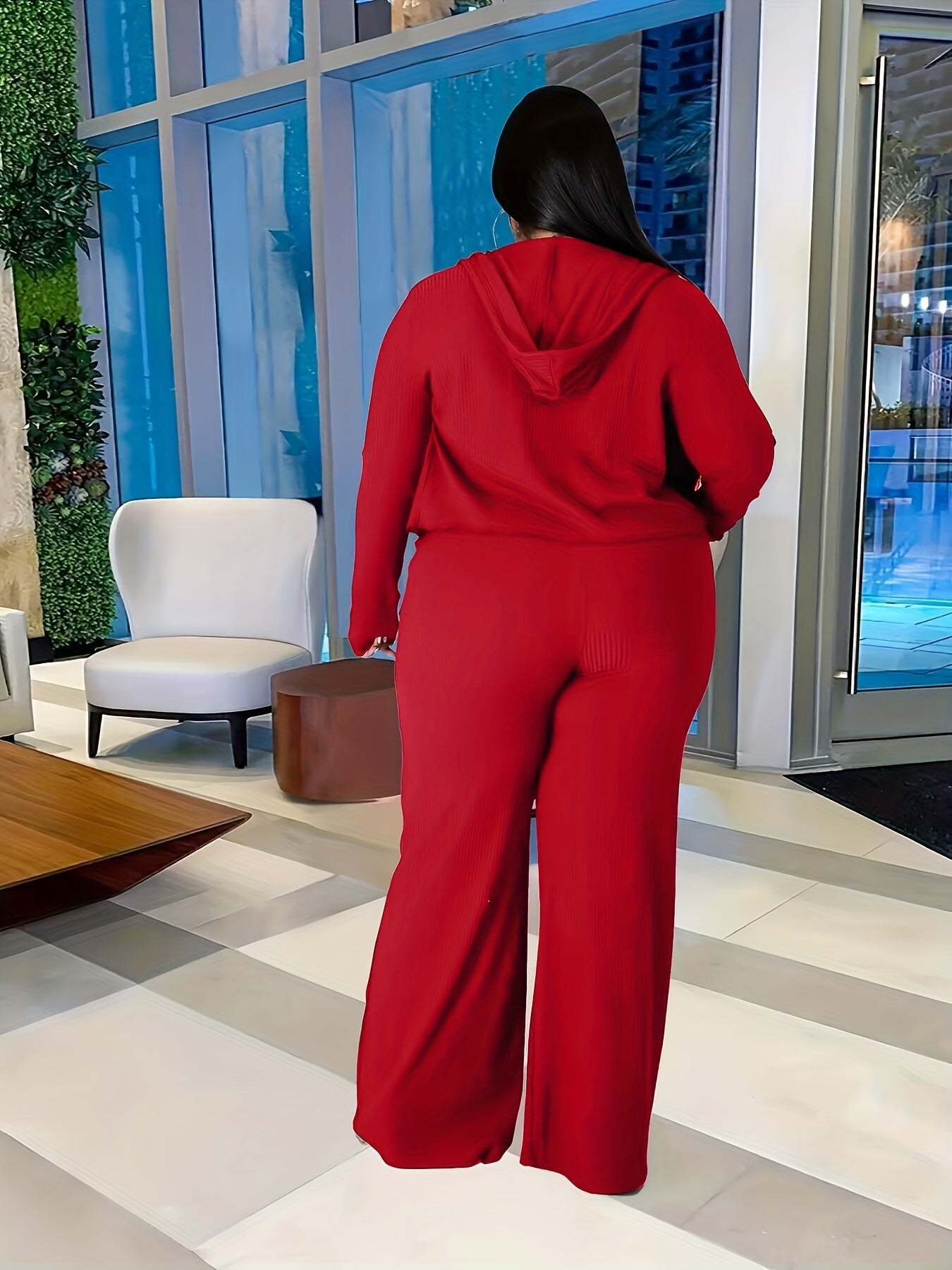  Solid Tube Top & Drawstring Hoodie & Wide Leg Pants Set